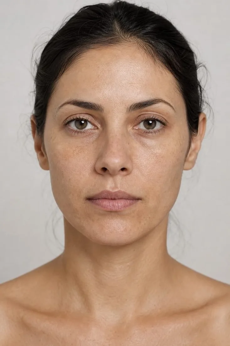 A client's own photograph before a chemical peel simulation